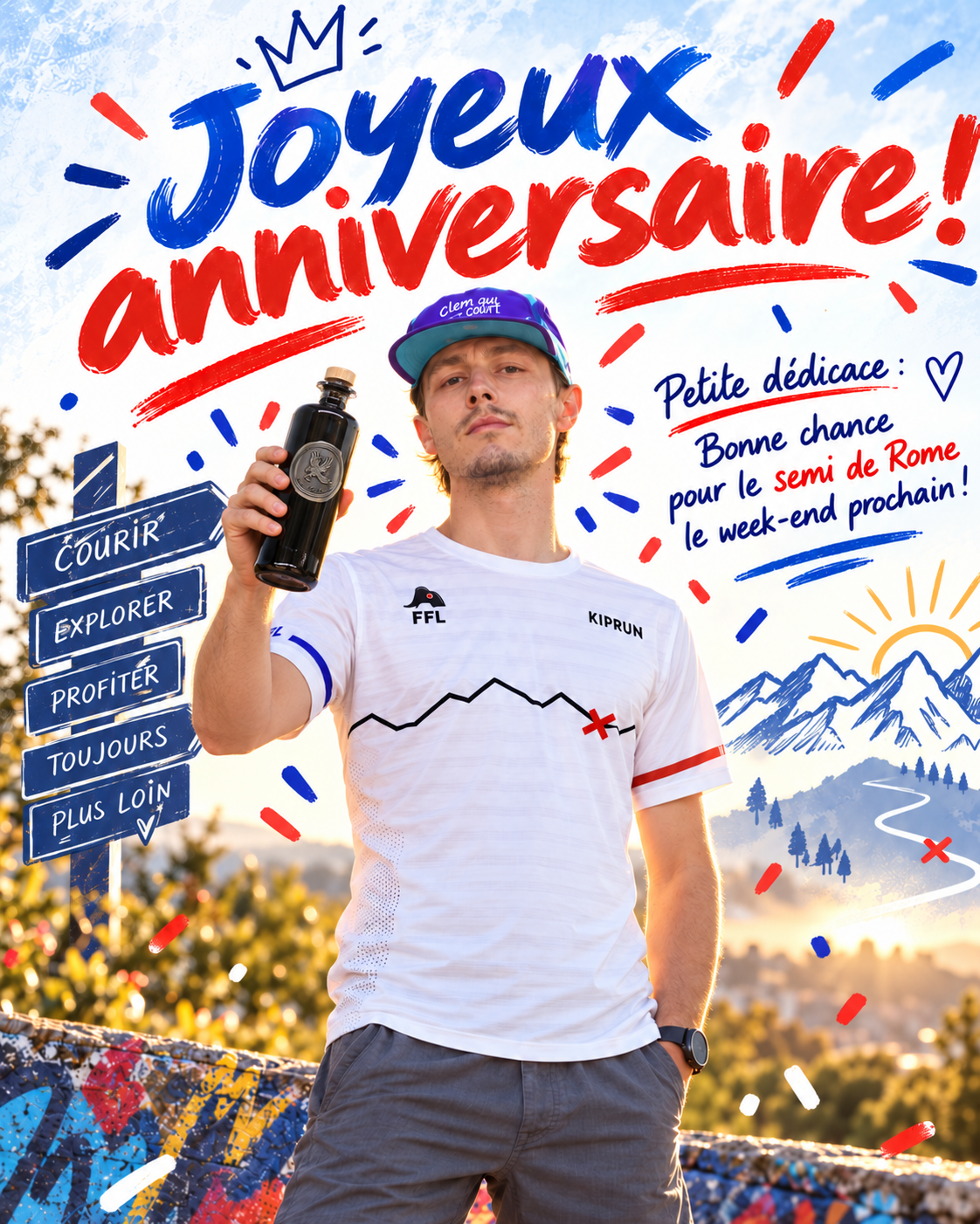 Carte Joyeux anniversaire, casquette Clem qui court, maillot FFL, bouteille de gin et dédicace pour le semi de Rome